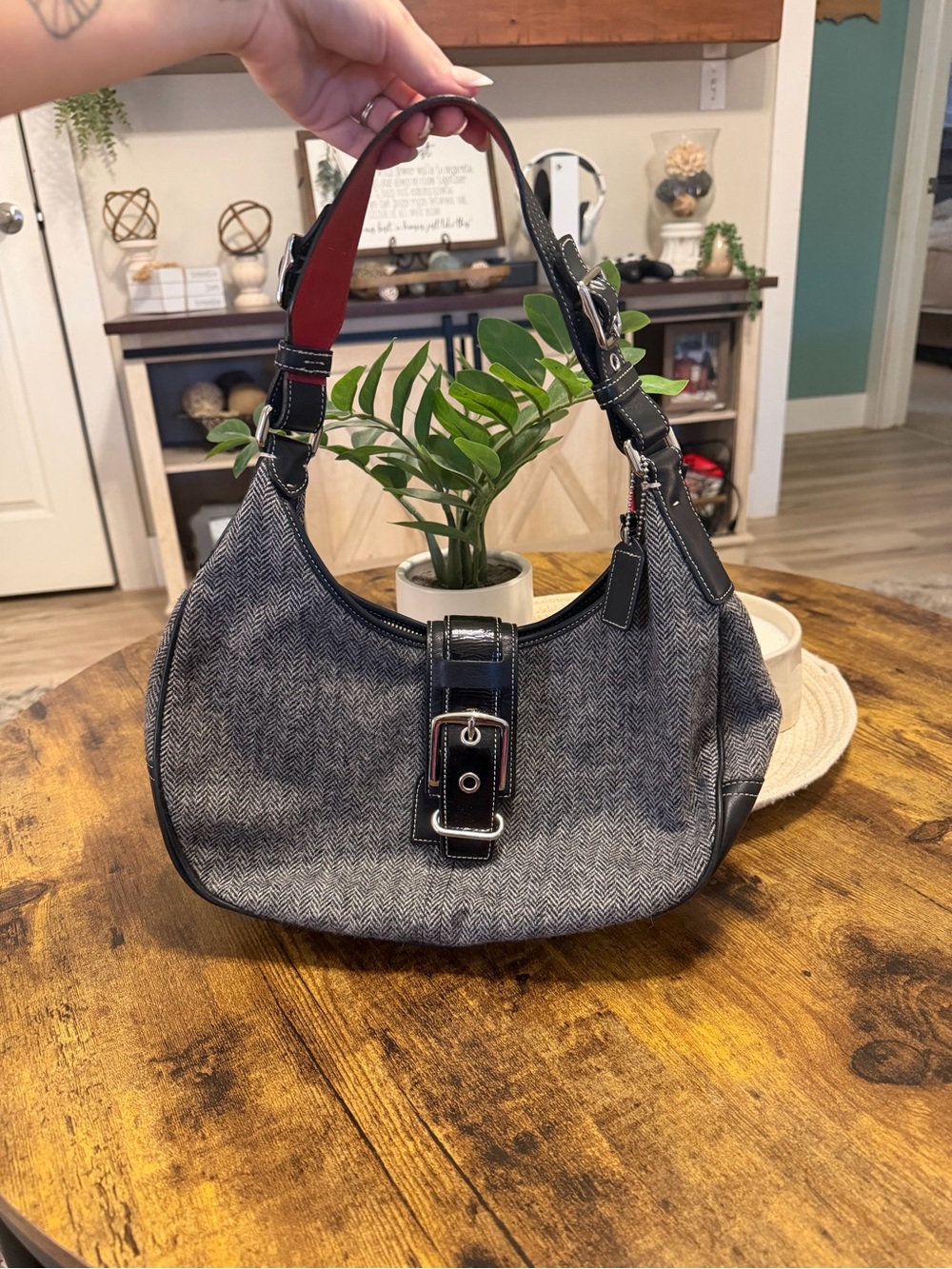 Vintage Coach Gray Herringbone Shoulder Bag with Black Trim
